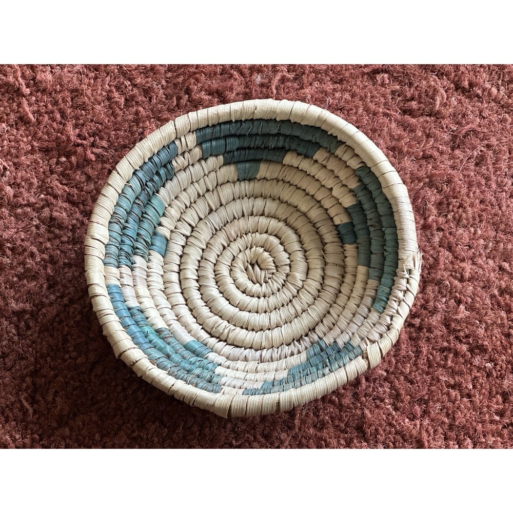Handwoven Small Basket Trinket Dish Boho Cream Blue‎ Green Star